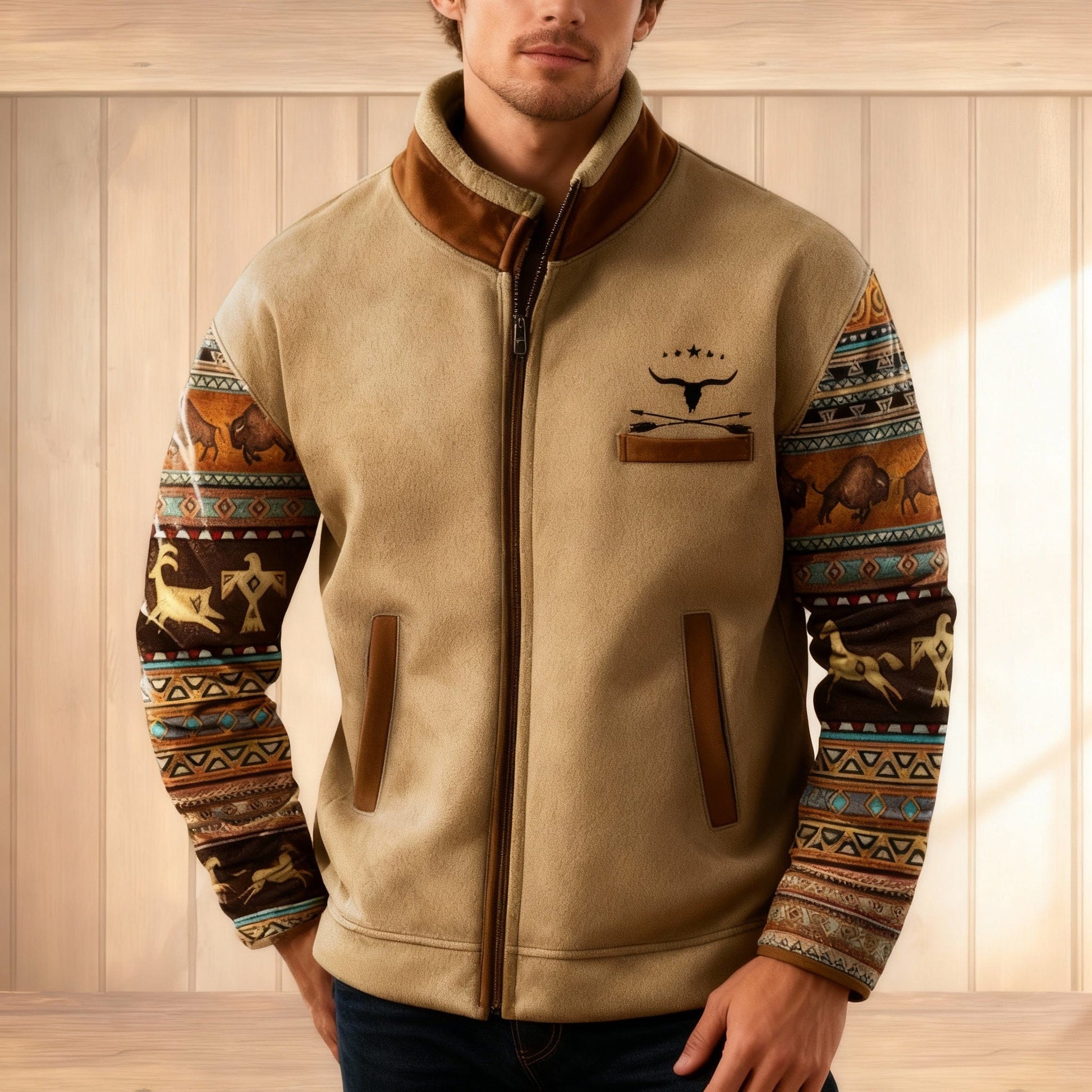 Luxeraum.de Coats & Jackets Braun 2 / S Fleecejacke – Leichter Materialmix – Kontrastdesign mit Reißverschluss – Herren
