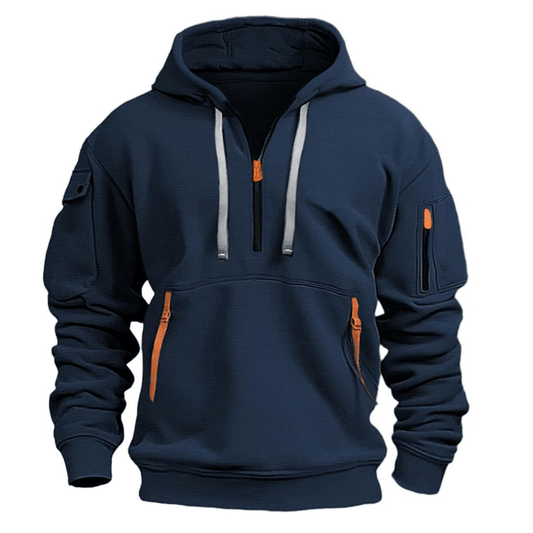 Luxeraum.de Hoodies Dunkelblau / S Freizeit-Hoodie – Materialmix – Reißverschluss-Taschen – Herren