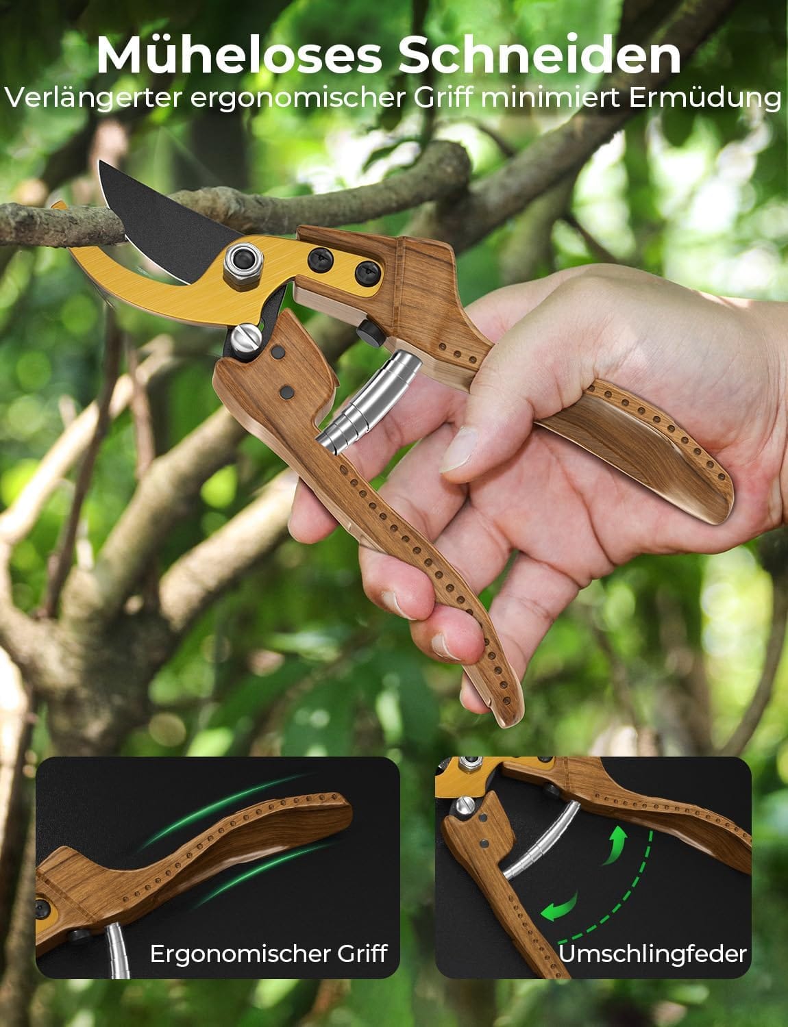 Luxeraum.de Pruning Shears Gartenschere Bypass mit SK5 Stahl, 25 mm Schnittdurchmesser, Aluminiumgriff Holzoptik, Rosenschere für Garten