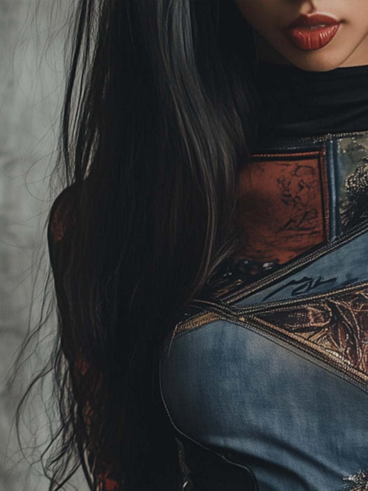 Langarmshirt – Materialmix – Patchwork-Print & Stehkragen – Damen