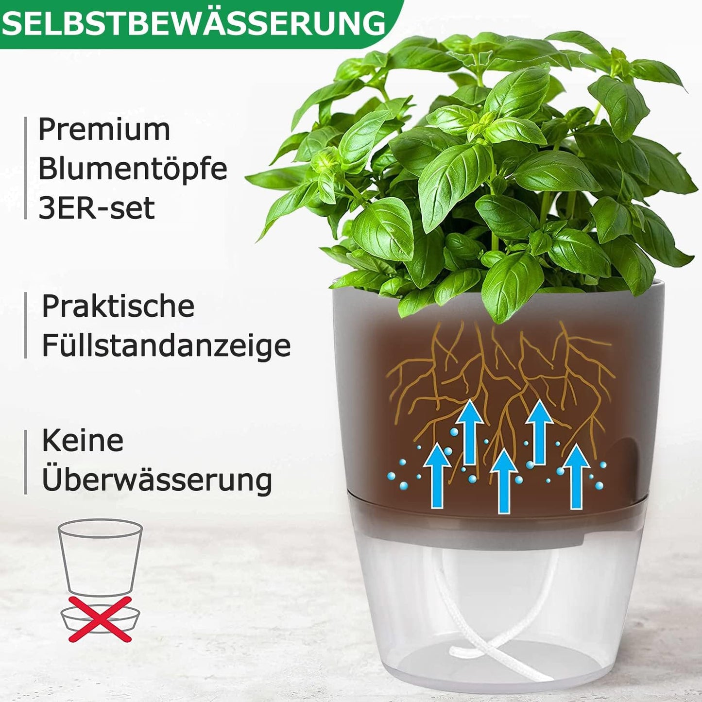 Luxeraum.de Pots Kräutertopf Set 3er selbstbewässernd für Küche, Blumentopf Fensterbank mit Wasserstandsanzeige, 18,2 × 11 × 15,3 cm, Grau