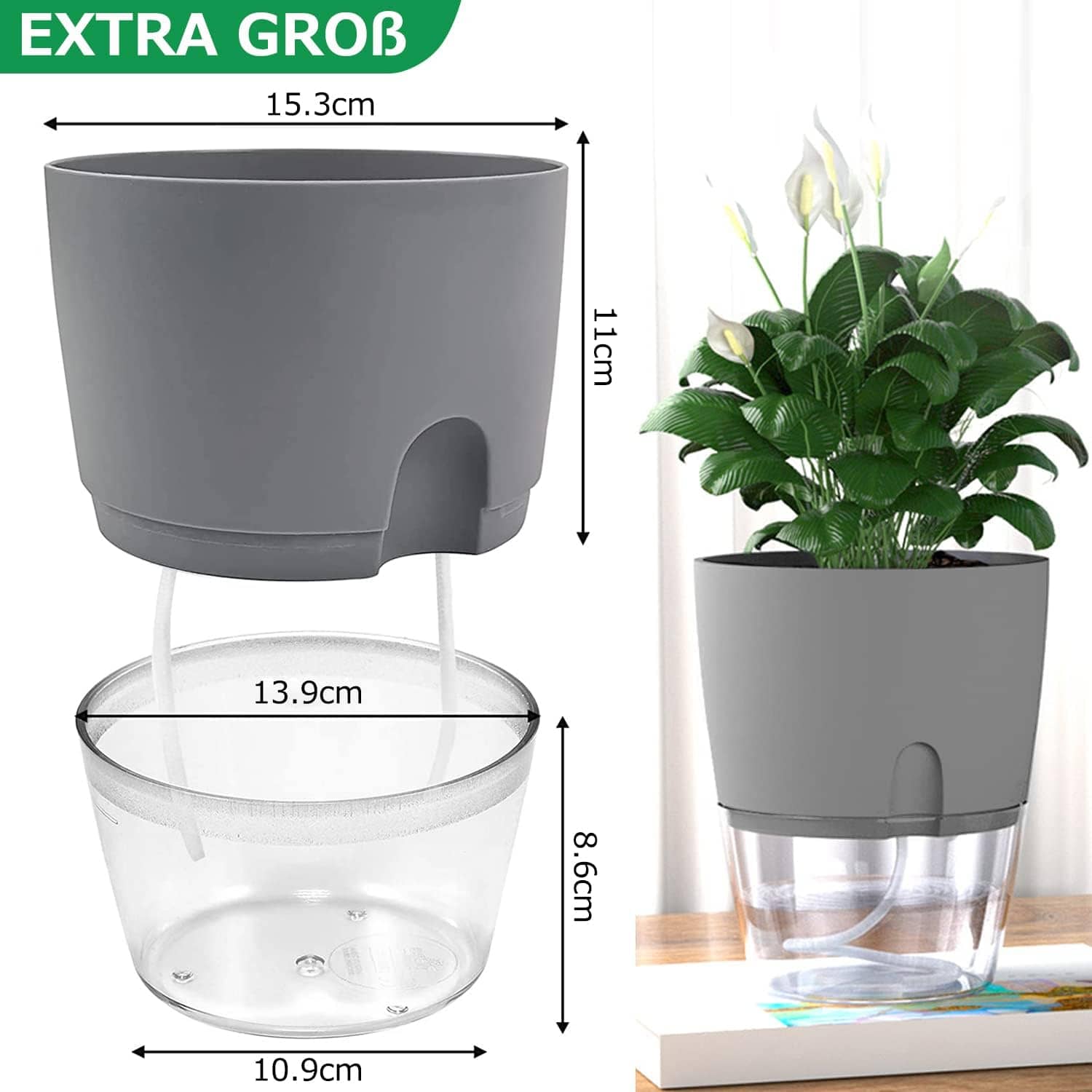 Luxeraum.de Pots Kräutertopf Set 3er selbstbewässernd für Küche, Blumentopf Fensterbank mit Wasserstandsanzeige, 18,2 × 11 × 15,3 cm, Grau