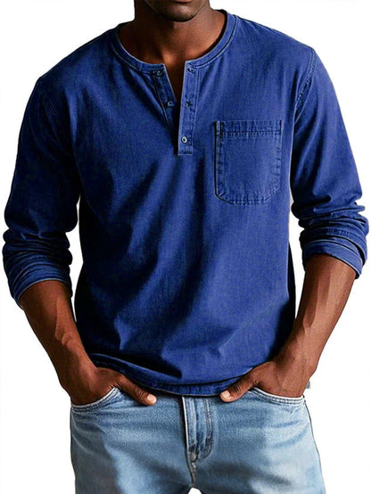 Luxeraum.de Shirts Marine / S Langarmshirt – Baumwolle – Henley-Ausschnitt mit Brusttasche – Herren