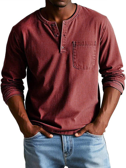 Luxeraum.de Shirts Rot / S Langarmshirt – Baumwolle – Henley-Ausschnitt mit Brusttasche – Herren
