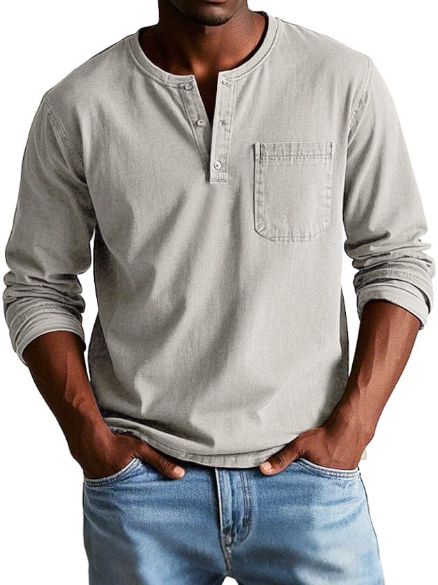 Luxeraum.de Shirts Beige / S Langarmshirt – Baumwolle – Henley-Ausschnitt mit Brusttasche – Herren