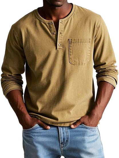Luxeraum.de Shirts Kaki / S Langarmshirt – Baumwolle – Henley-Ausschnitt mit Brusttasche – Herren