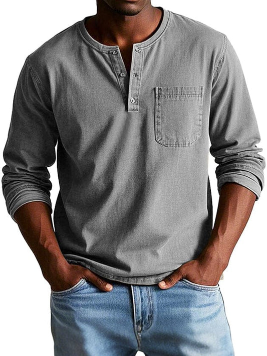 Luxeraum.de Shirts Grau / S Langarmshirt – Baumwolle – Henley-Ausschnitt mit Brusttasche – Herren