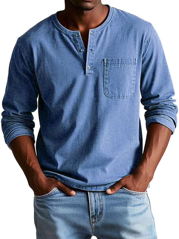 Luxeraum.de Shirts Blau / M Langarmshirt – Baumwolle – Henley-Ausschnitt mit Brusttasche – Herren