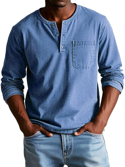 Luxeraum.de Shirts Blau / M Langarmshirt – Baumwolle – Henley-Ausschnitt mit Brusttasche – Herren