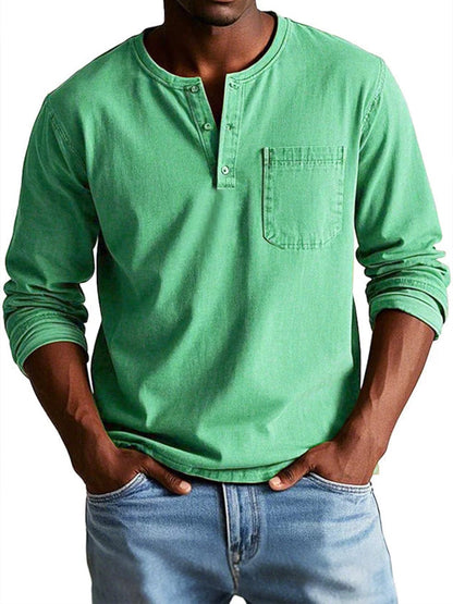 Luxeraum.de Shirts Grün / S Langarmshirt – Baumwolle – Henley-Ausschnitt mit Brusttasche – Herren