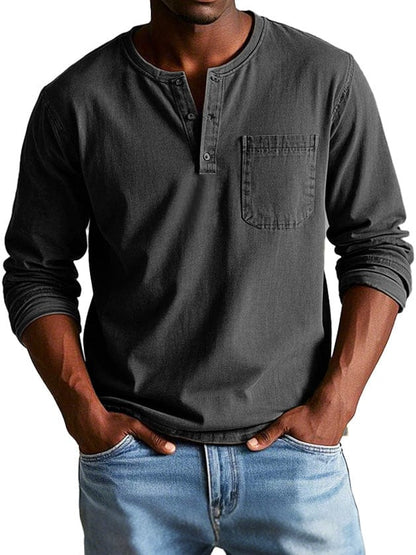 Luxeraum.de Shirts Schwarz / S Langarmshirt – Baumwolle – Henley-Ausschnitt mit Brusttasche – Herren