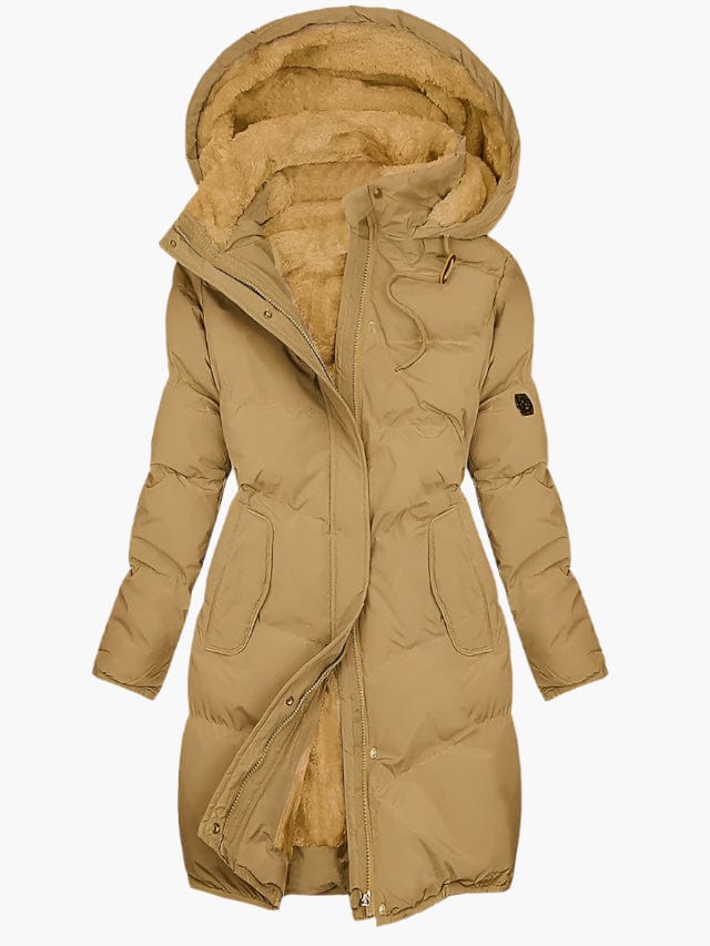 Luxeraum.de Parkas Gelb / S Langer Wintermantel – Wärmender Materialmix – Kapuze mit Kunstpelz – Damen