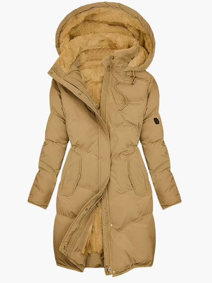 Luxeraum.de Parkas Gelb / S Langer Wintermantel – Wärmender Materialmix – Kapuze mit Kunstpelz – Damen
