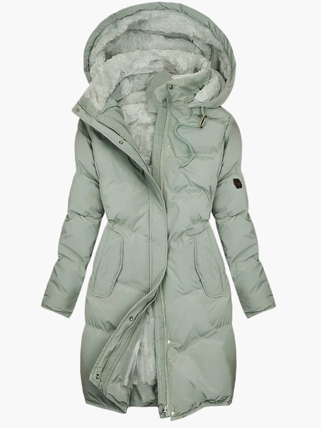 Luxeraum.de Parkas Grün / S Langer Wintermantel – Wärmender Materialmix – Kapuze mit Kunstpelz – Damen
