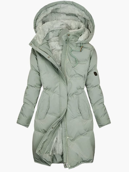 Luxeraum.de Parkas Grün / S Langer Wintermantel – Wärmender Materialmix – Kapuze mit Kunstpelz – Damen