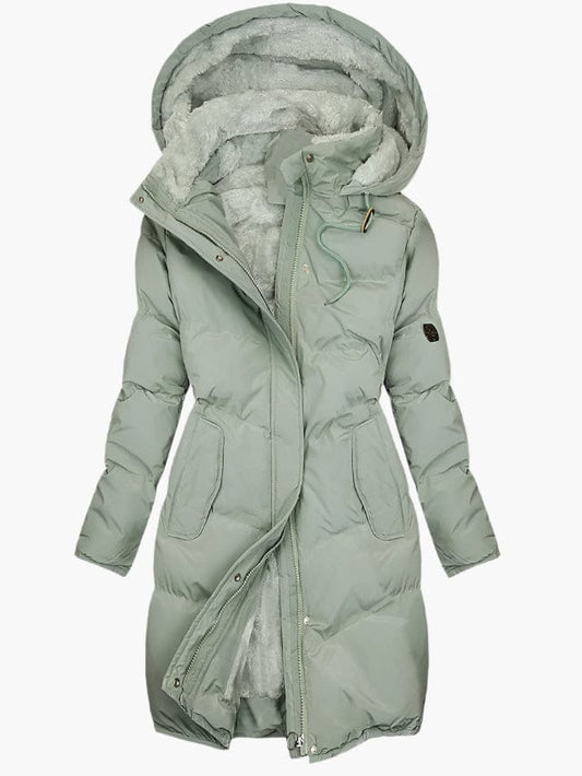 Luxeraum.de Parkas Grün / S Langer Wintermantel – Wärmender Materialmix – Kapuze mit Kunstpelz – Damen