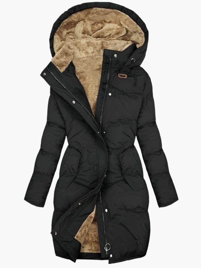 Luxeraum.de Parkas Schwarz / S Langer Wintermantel – Wärmender Materialmix – Kapuze mit Kunstpelz – Damen