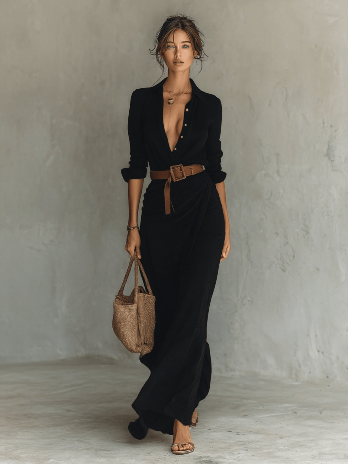 Luxeraum.de Dresses Schwarz / XS Maxikleid – Fließender Materialfall – Taillierter Gürtel – Damen