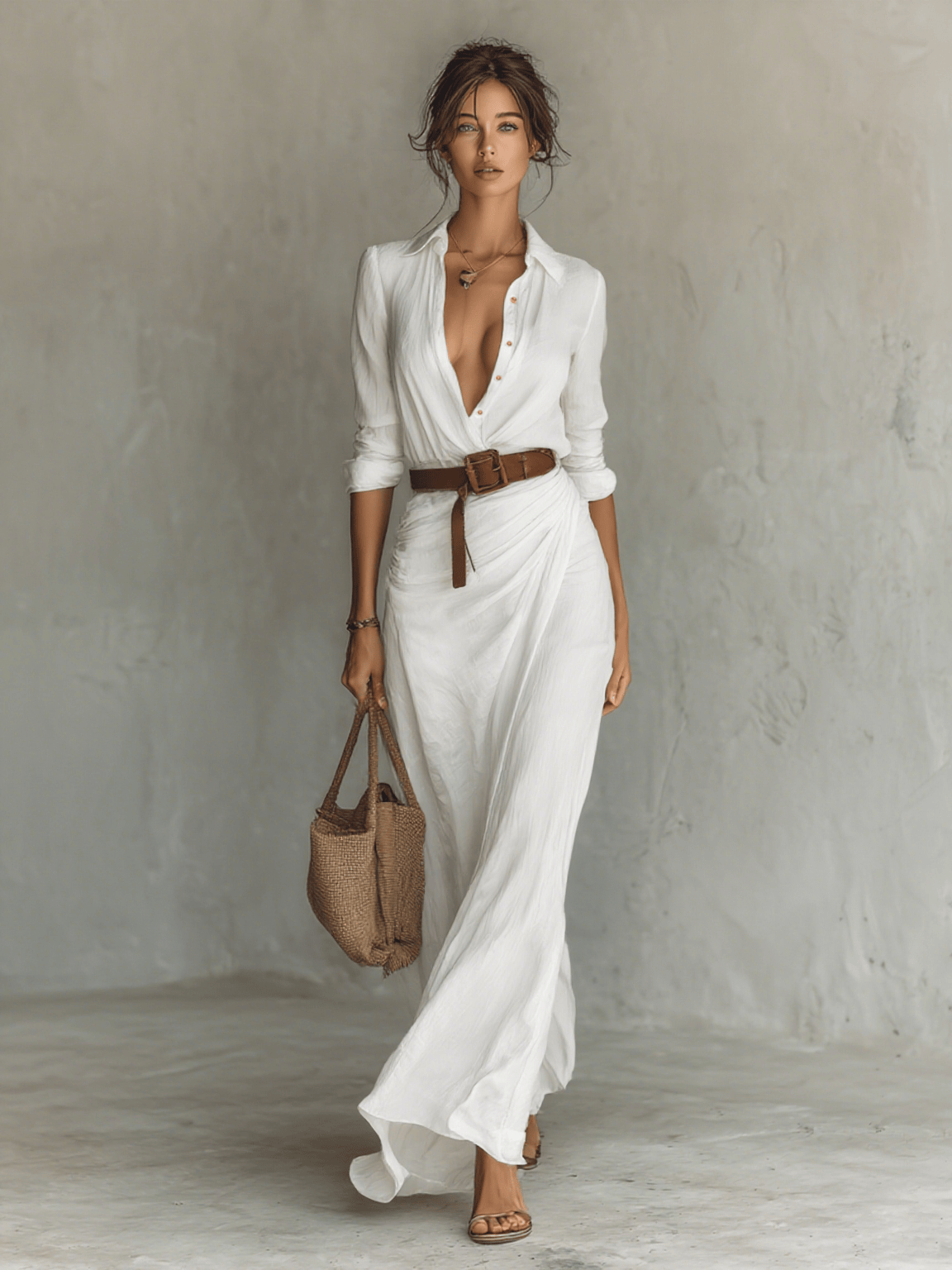 Luxeraum.de Dresses Weiß / XS Maxikleid – Fließender Materialfall – Taillierter Gürtel – Damen