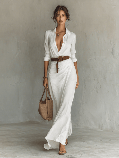 Luxeraum.de Dresses Weiß / XS Maxikleid – Fließender Materialfall – Taillierter Gürtel – Damen