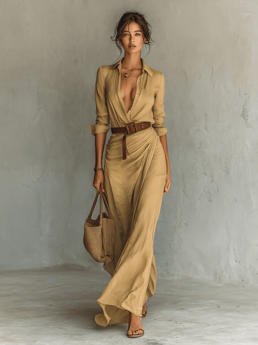 Luxeraum.de Dresses Khaki / XS Maxikleid – Fließender Materialfall – Taillierter Gürtel – Damen