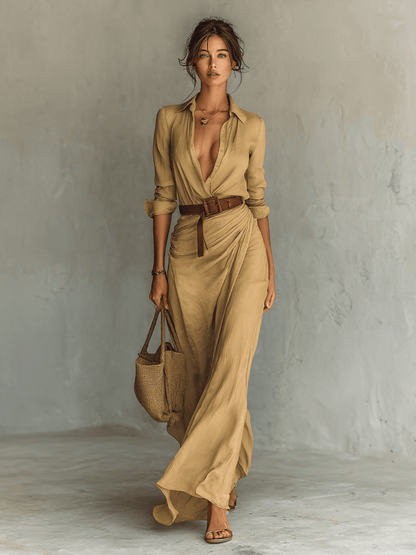 Luxeraum.de Dresses Khaki / XS Maxikleid – Fließender Materialfall – Taillierter Gürtel – Damen