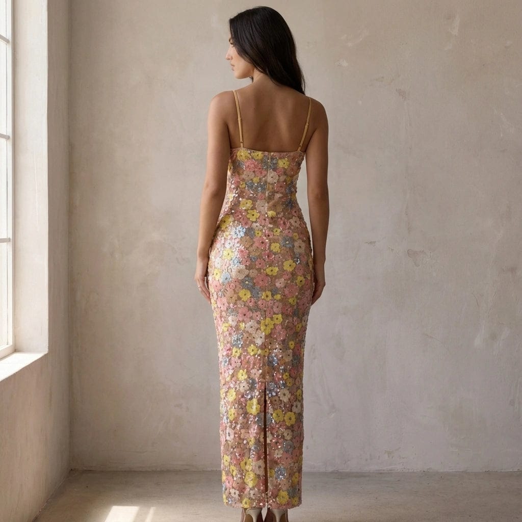 Luxeraum.de Dresses Maxikleid – Florale Paillettenstickerei – figurbetonte Silhouette & schmale Träger – Damen