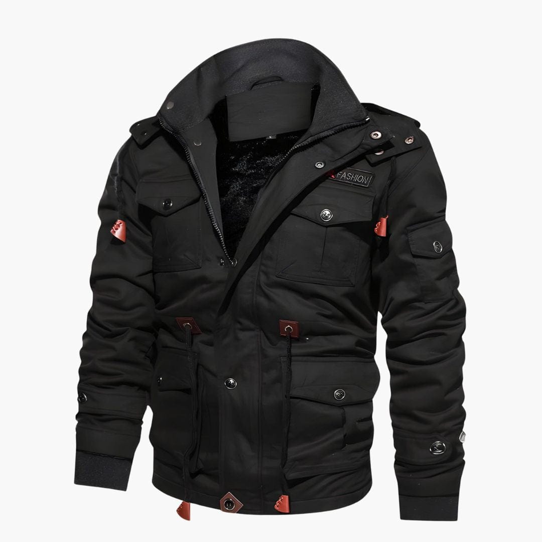 Luxeraum.de Herrenjacke Schwarz / S Militärjacke – Strukturierter Materialmix – Kapuze & Multitaschen-Design – Herren