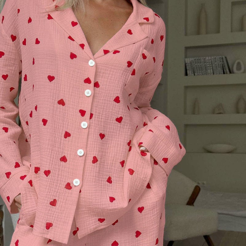 Luxeraum.de Pajamas Rosa / S Schlafanzug Set – Weiches Gewebe – Herzmuster & Knopfleiste – Damen