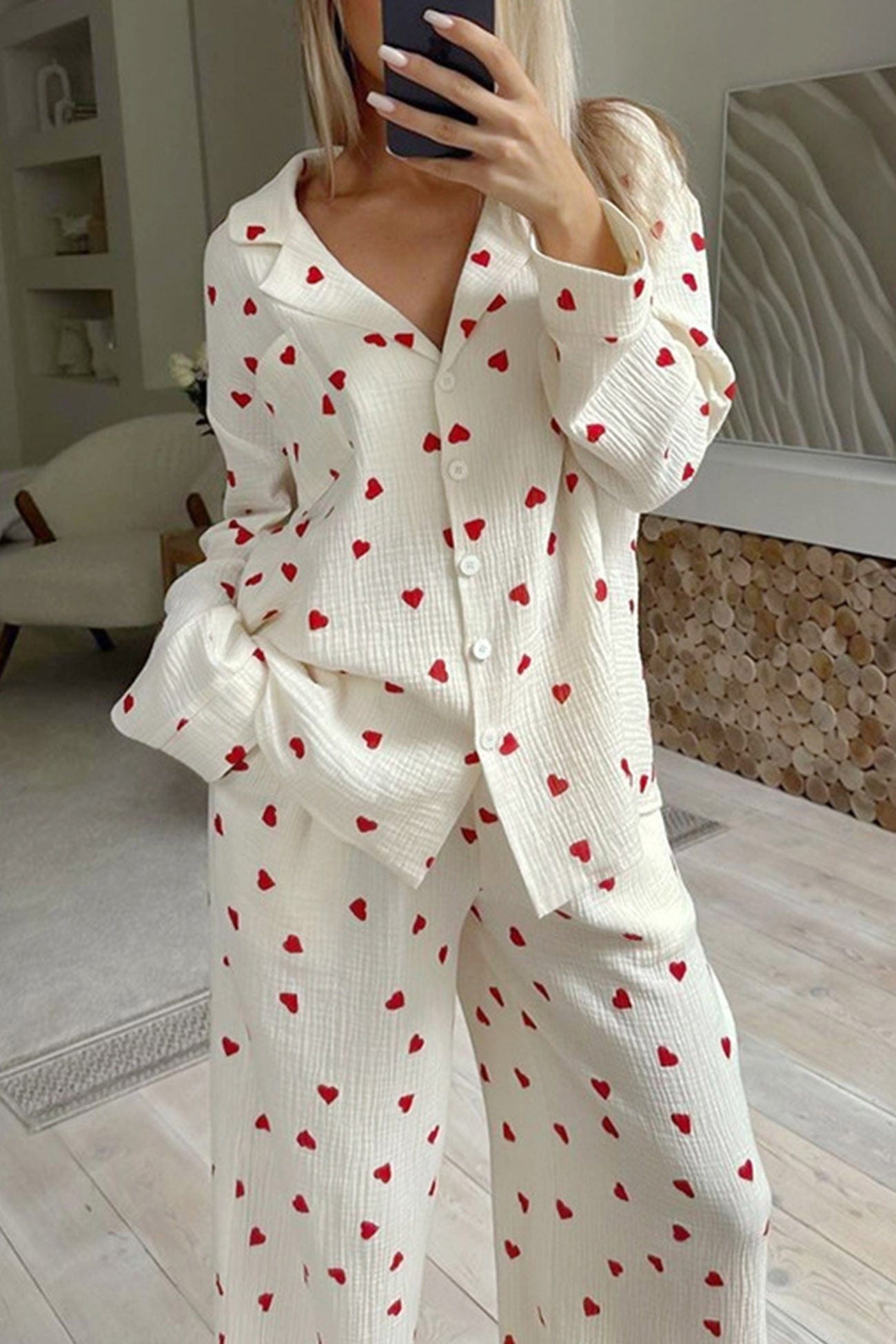 Luxeraum.de Pajamas Aprikose / S Schlafanzug Set – Weiches Gewebe – Herzmuster & Knopfleiste – Damen