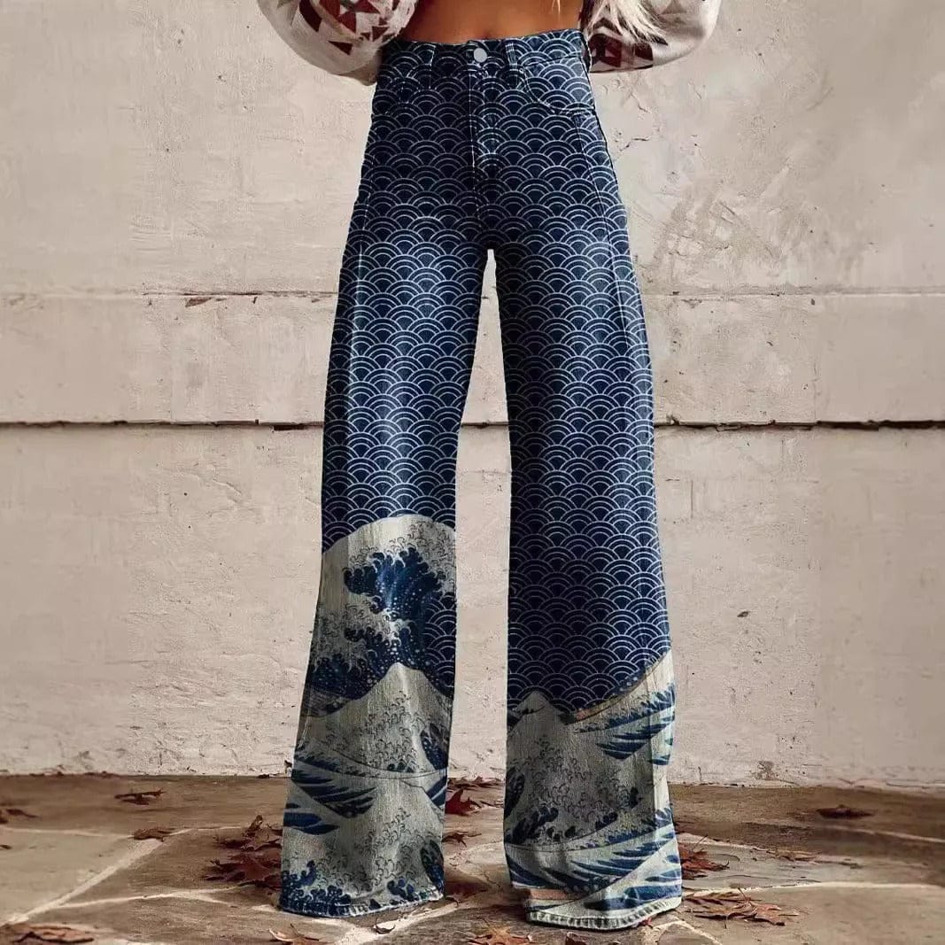Luxeraum.de Pants Dunkelblau / S Schlaghose Mit Blumenmuster – Retro-Stil – Florales Muster – Damen