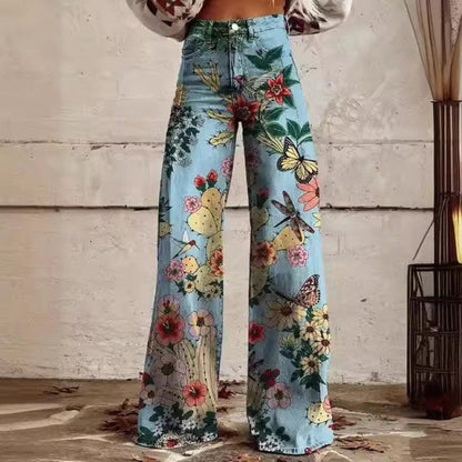 Luxeraum.de Pants Blau / S Schlaghose Mit Blumenmuster – Retro-Stil – Florales Muster – Damen