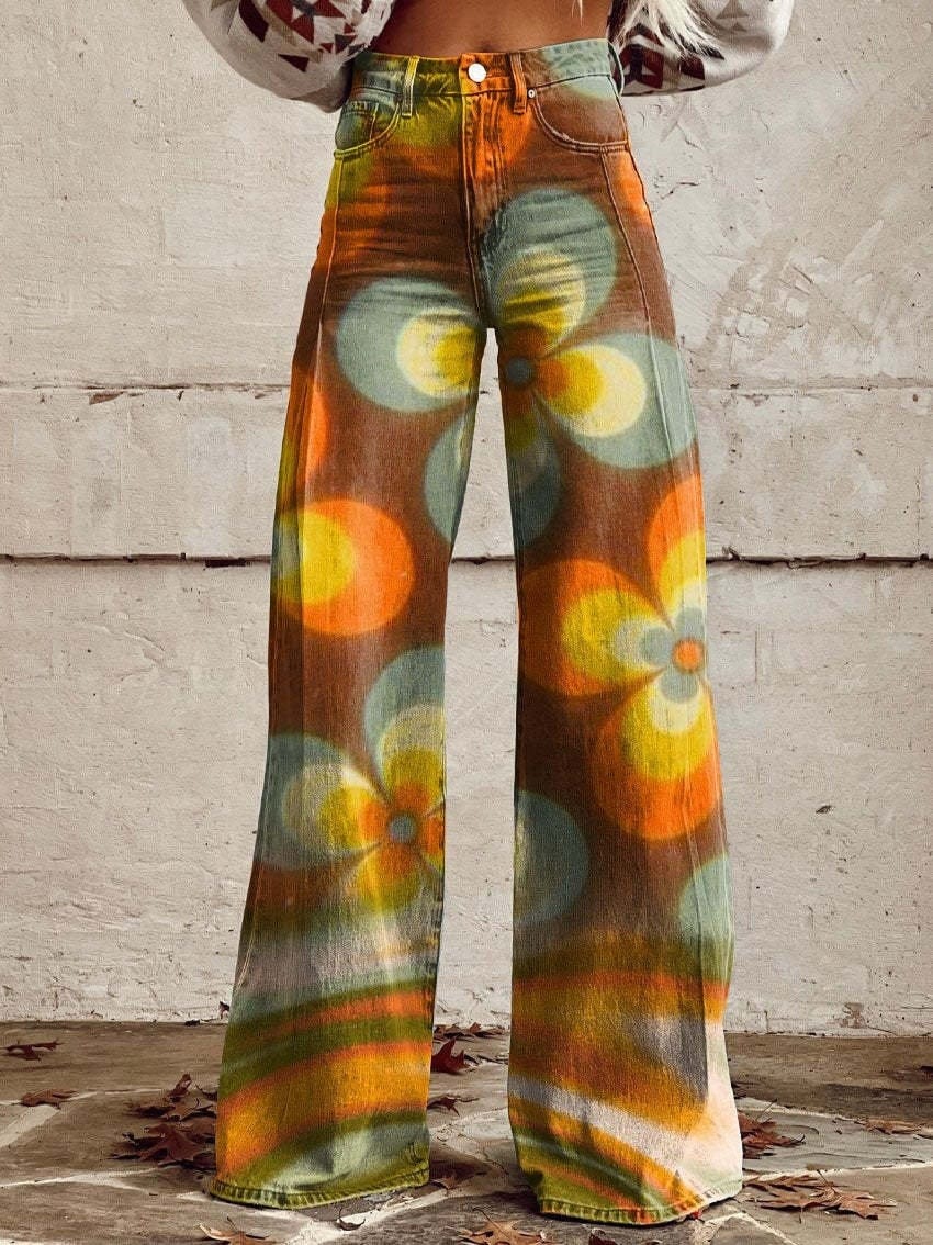 Luxeraum.de Pants Gelb / S Schlaghose Mit Blumenmuster – Retro-Stil – Florales Muster – Damen