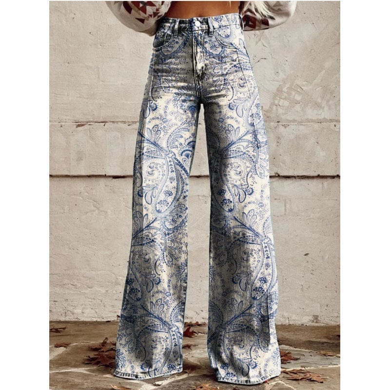 Luxeraum.de Pants Weiß / S Schlaghose Mit Blumenmuster – Retro-Stil – Florales Muster – Damen