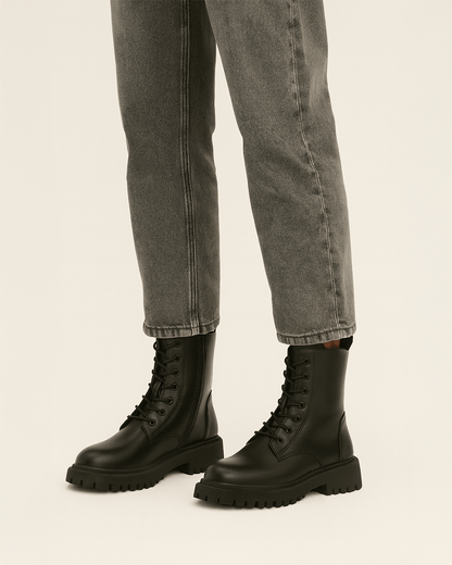 Luxeraum.de Boots Schnürstiefeletten Schwarz – PU-Leder & Kunstfell – Warmfutter mit Profilsohle – Damen