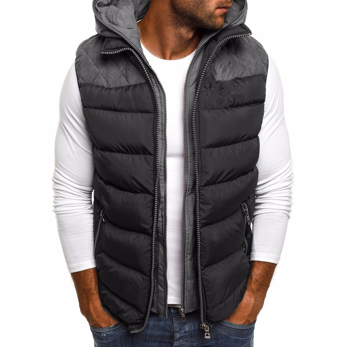Luxeraum.de Vests Grau / S Steppweste – Gefüttert – Sportliche Kontraste & Kapuze – Herren