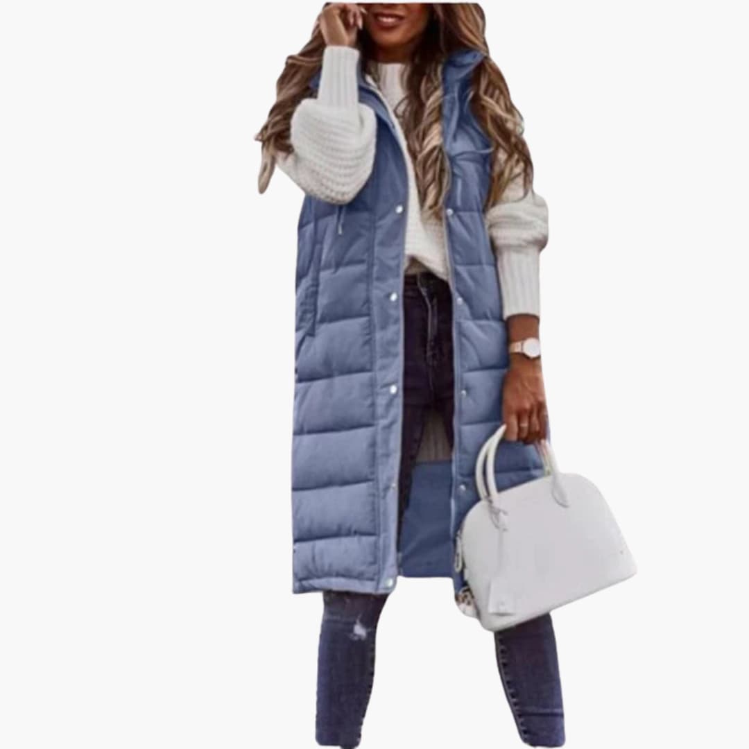 Luxeraum.de Vests Blau / S Steppweste – Isolierende Steppung – Lange Silhouette mit Kapuze – Damen