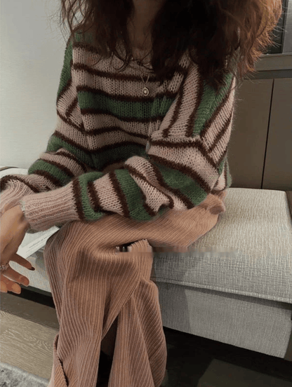 Luxeraum.de Sweaters Grün / S Strickpullover – Strickmischung – gestreiftes Design – Damen