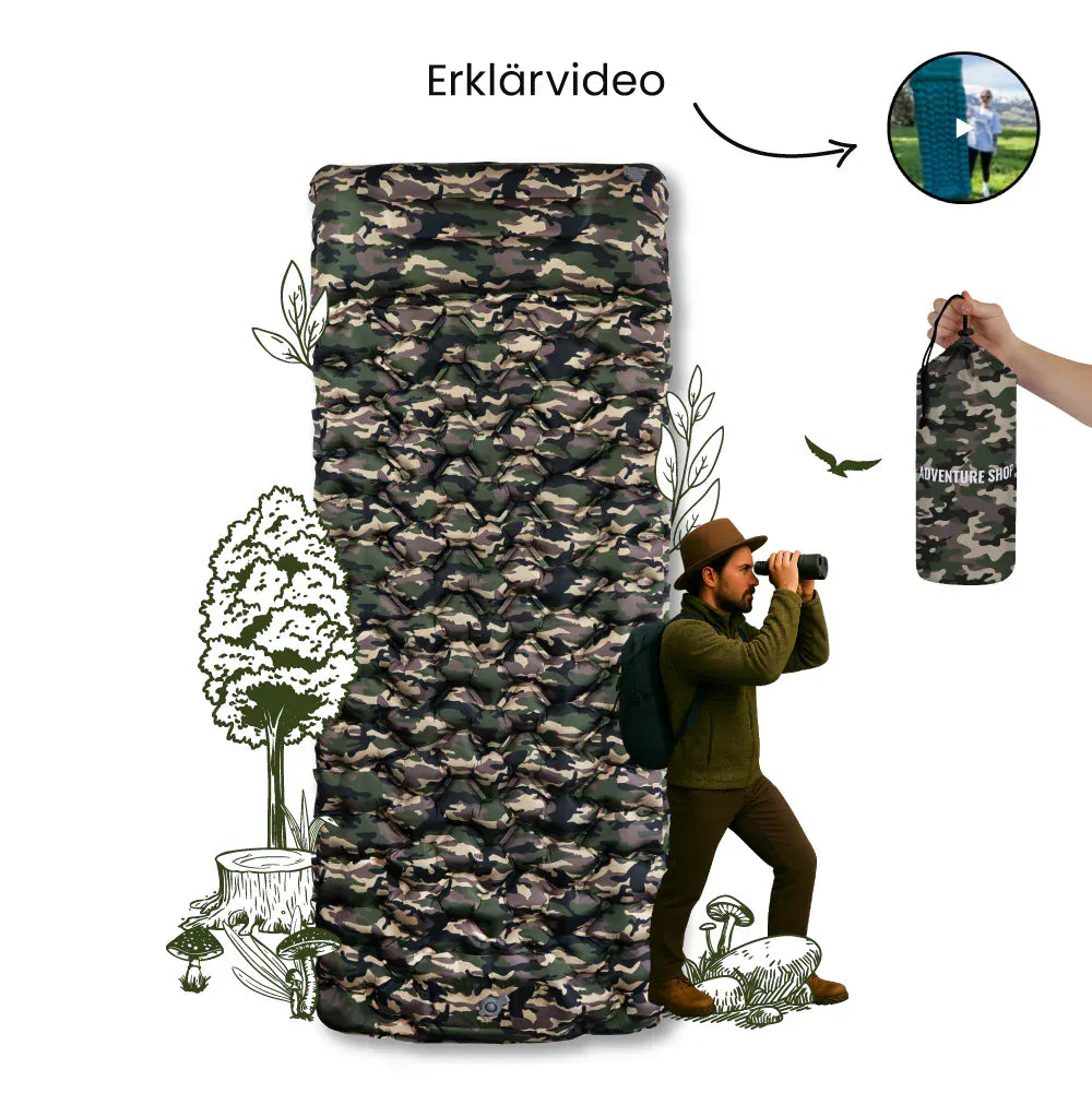 Luxeraum.de Sleeping Pads Camouflage Ultraleichte Isomatte selbstaufblasbar mit integrierter Pumpe – Camping Luftmatratze 8 cm Outdoor Schlafmatte