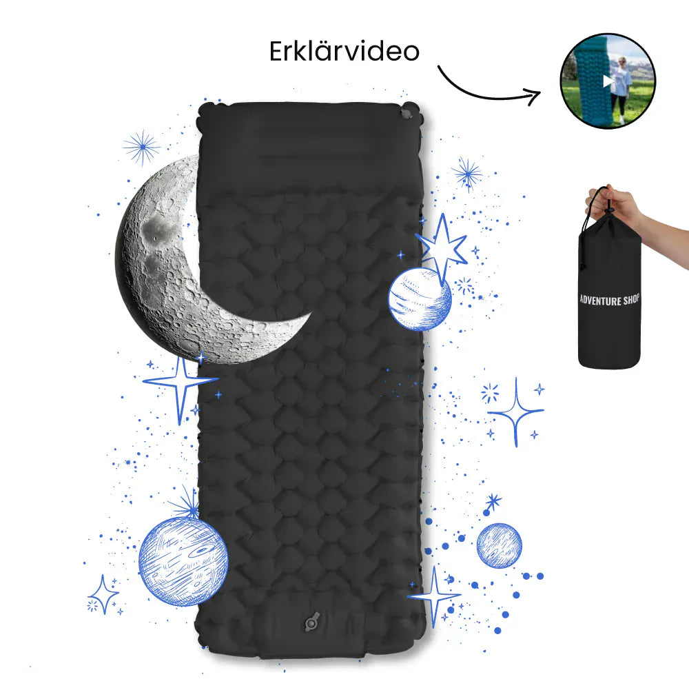 Luxeraum.de Sleeping Pads Schwarz Ultraleichte Isomatte selbstaufblasbar mit integrierter Pumpe – Camping Luftmatratze 8 cm Outdoor Schlafmatte