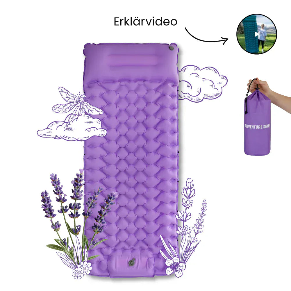 Luxeraum.de Sleeping Pads Lila Ultraleichte Isomatte selbstaufblasbar mit integrierter Pumpe – Camping Luftmatratze 8 cm Outdoor Schlafmatte