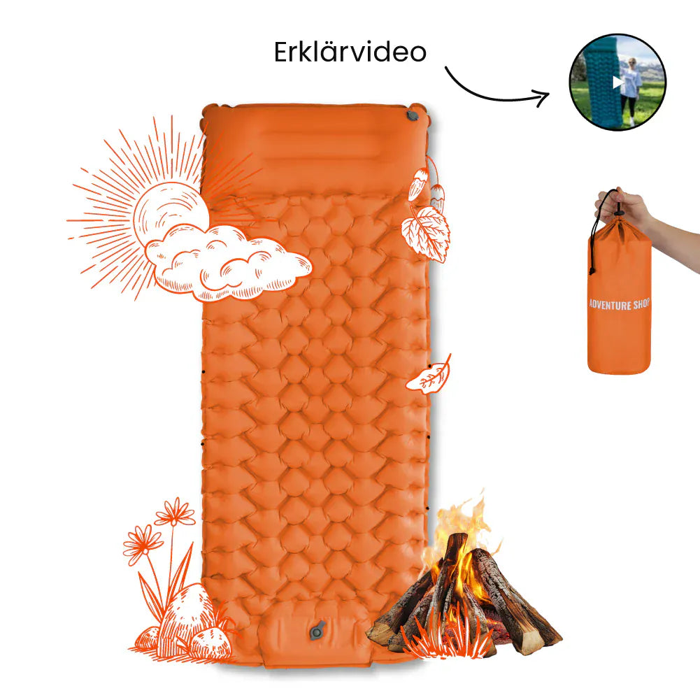 Luxeraum.de Sleeping Pads Orange Ultraleichte Isomatte selbstaufblasbar mit integrierter Pumpe – Camping Luftmatratze 8 cm Outdoor Schlafmatte