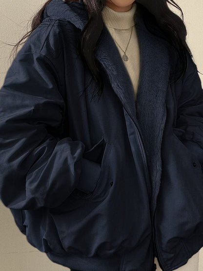 Luxeraum.de Parkas Marineblau / 36 Wendbare Fleecejacke – Fleece – Oversized Schnitt mit Kapuze – Damen