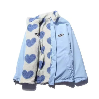 Luxeraum.de Coats & Jackets Azurblau / S Wendejacke – Herzmuster - Weiche Fleece-Innenseite – Damen