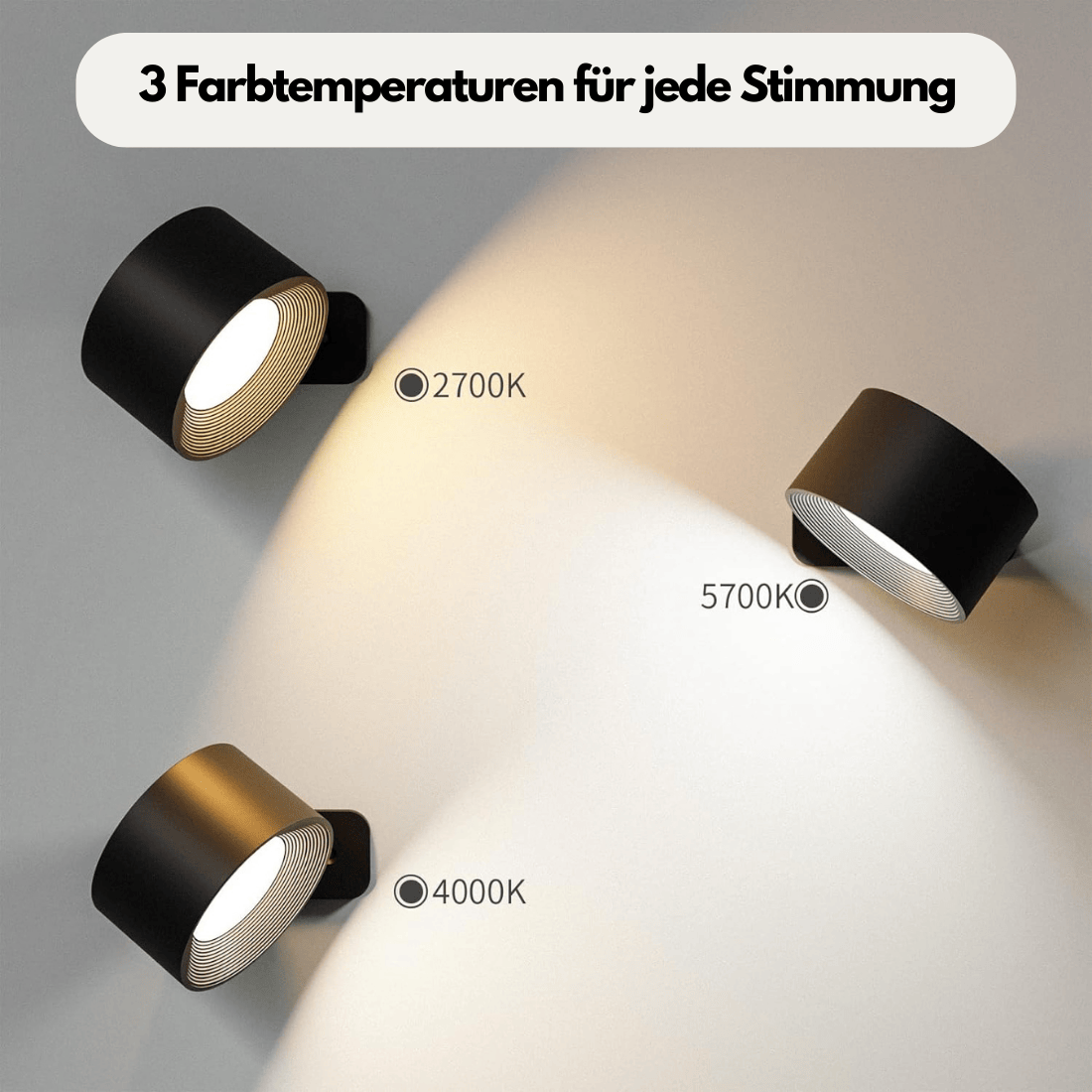Luxeraum.de Wall Light Fixtures Wiederaufladbare 360° LED Wandlampe - Kabellos - Drehbar - Dimmbar