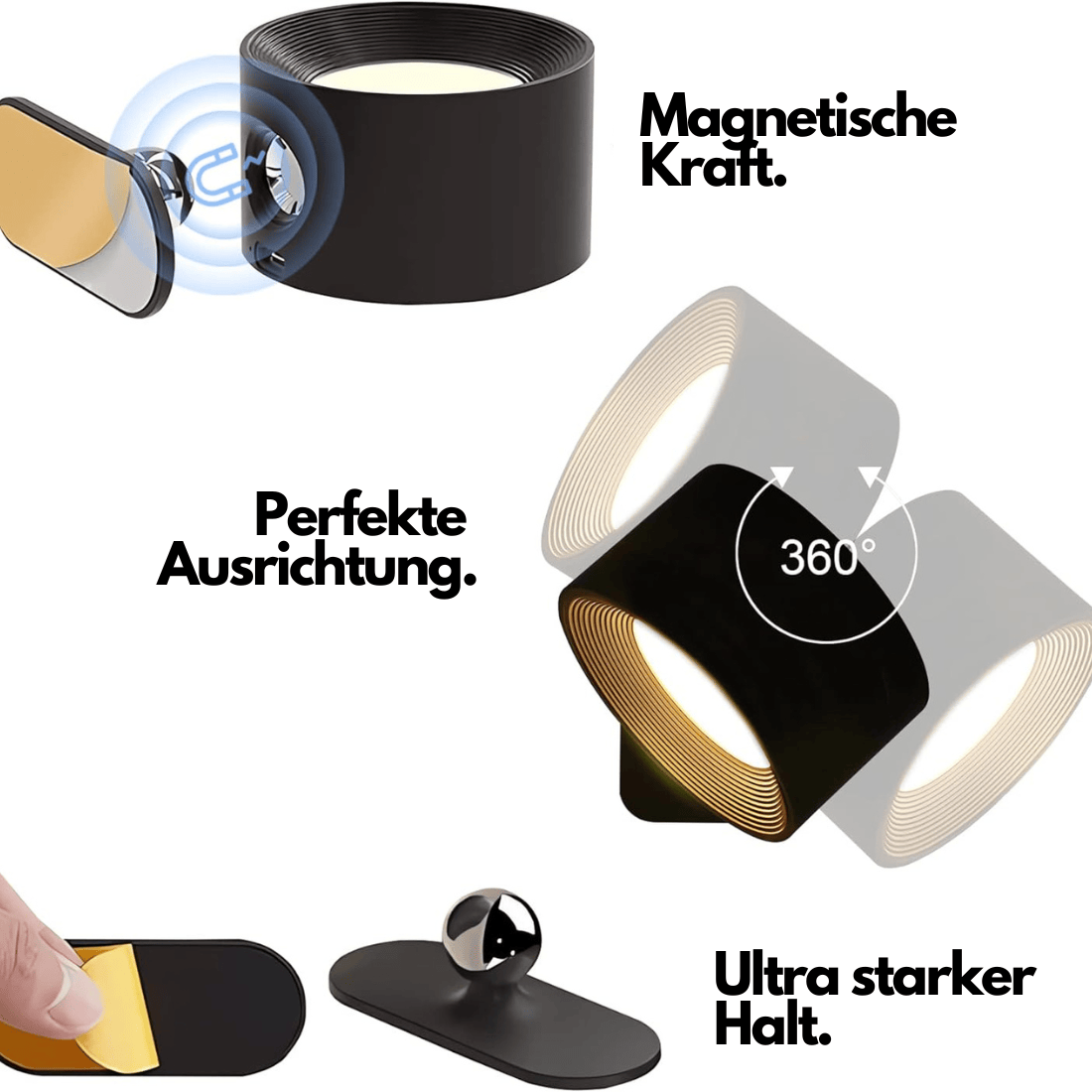Luxeraum.de Wall Light Fixtures Wiederaufladbare 360° LED Wandlampe - Kabellos - Drehbar - Dimmbar