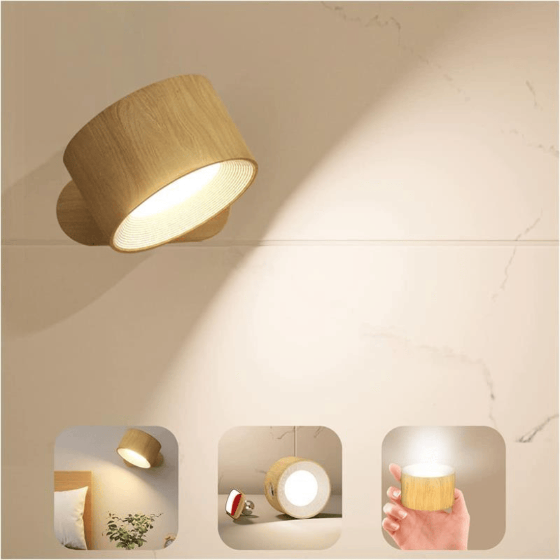 Luxeraum.de Wall Light Fixtures Holz Wiederaufladbare 360° LED Wandlampe - Kabellos - Drehbar - Dimmbar