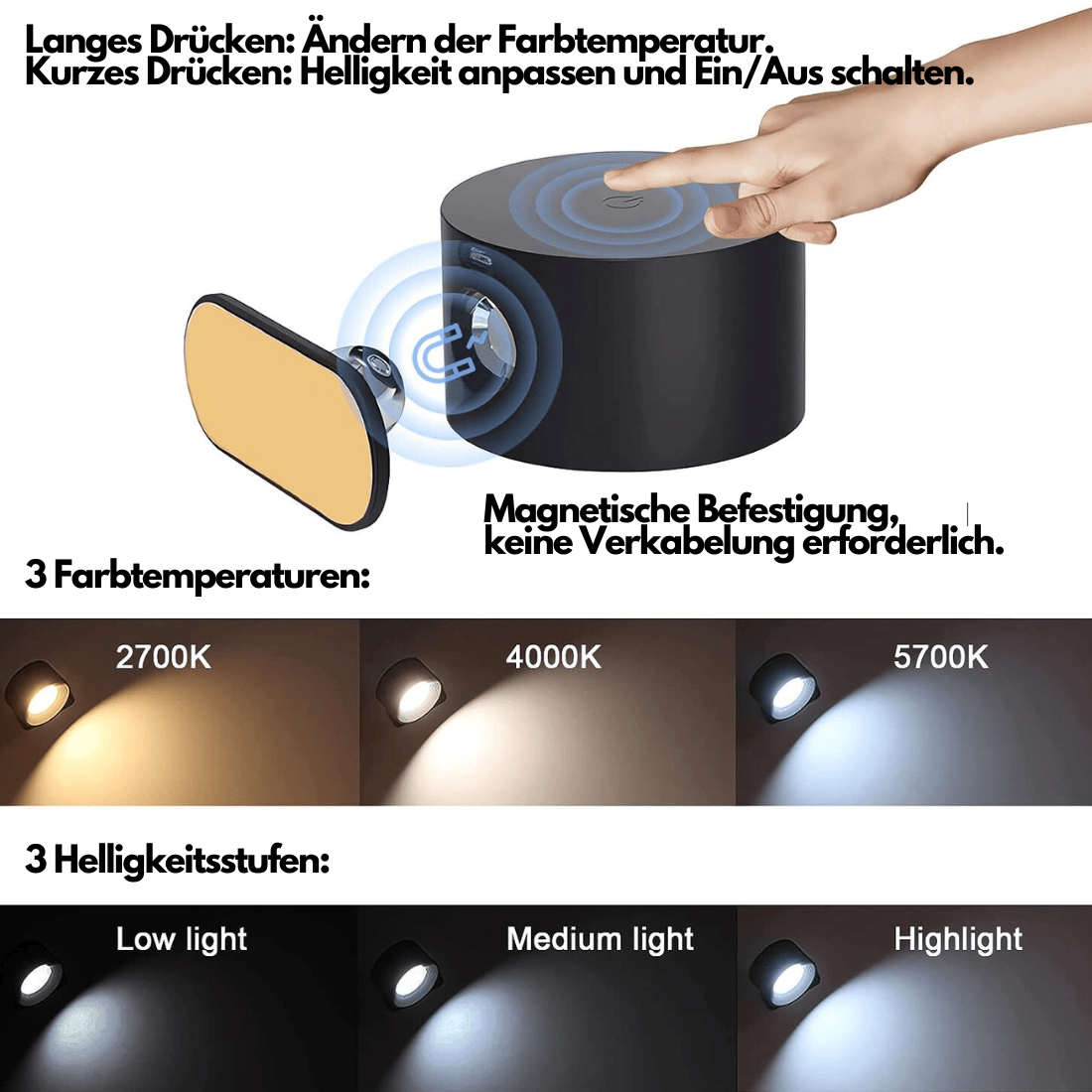 Luxeraum.de Wall Light Fixtures Wiederaufladbare 360° LED Wandlampe - Kabellos - Drehbar - Dimmbar