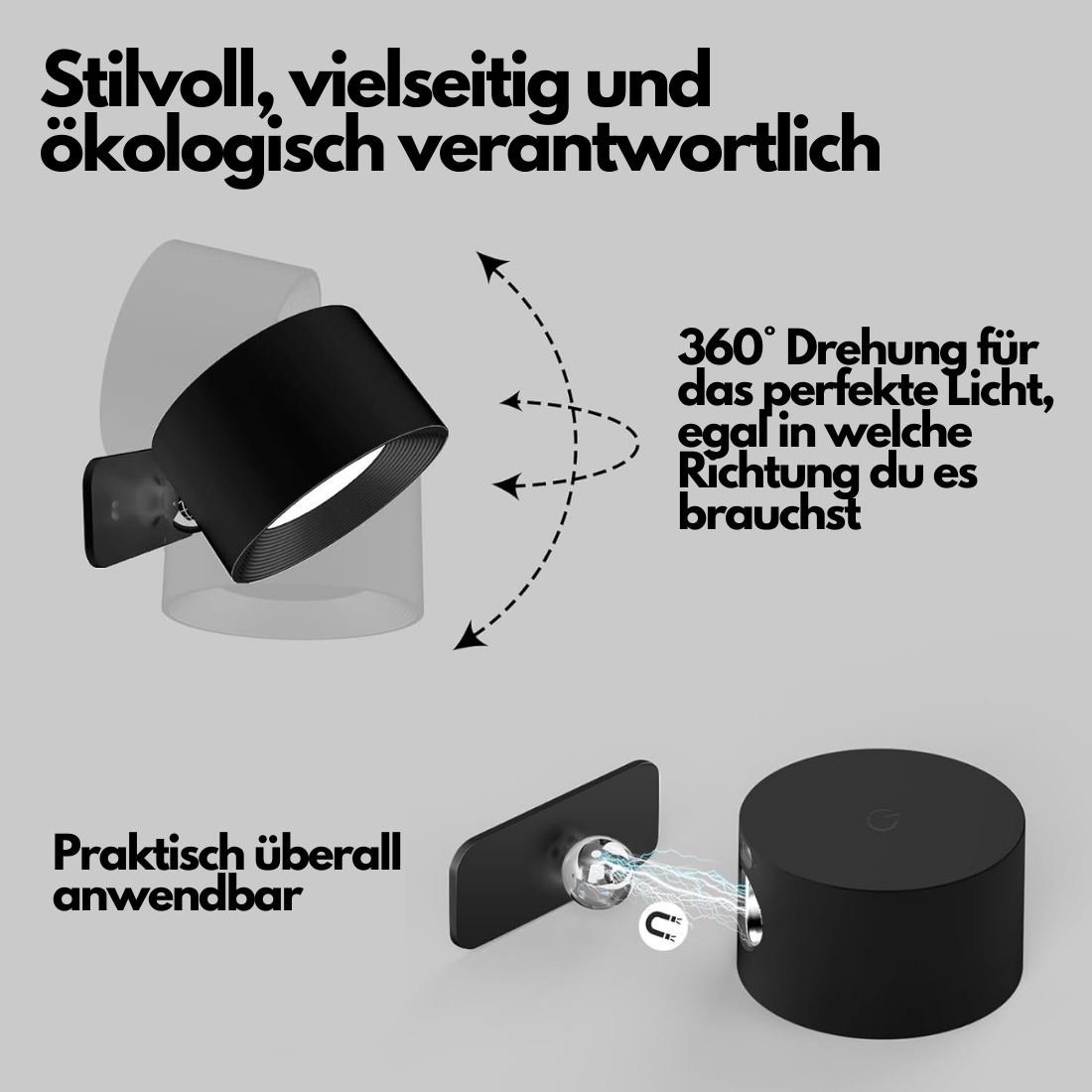 Luxeraum.de Wall Light Fixtures Wiederaufladbare 360° LED Wandlampe - Kabellos - Drehbar - Dimmbar