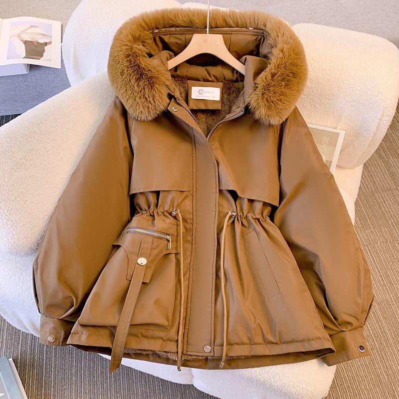 Luxeraum.de Braun / S Winterjacke Damen mit Kapuze und Kunstpelz – warm & elegant